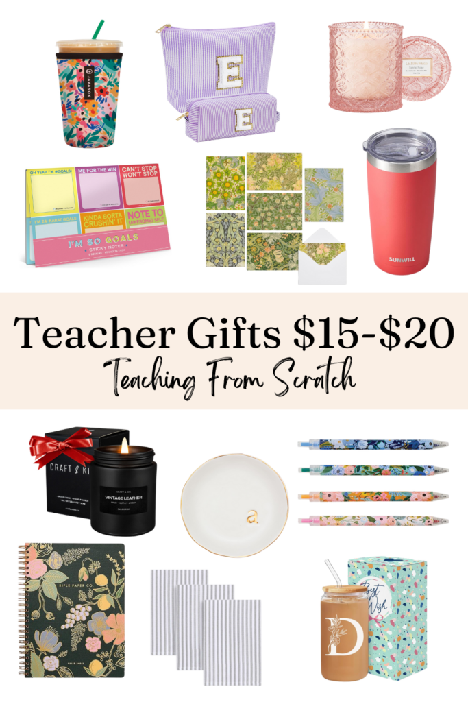 Pinnable image that says "teacher gifts $15-$20" and has images of all of the items listed below.