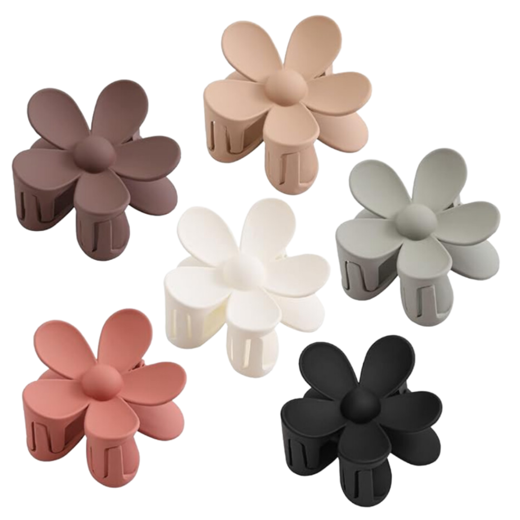Image of 6 daisy hair clips in mauve, light pink, powder blue, white, pink, and black. Link provided for purchase.