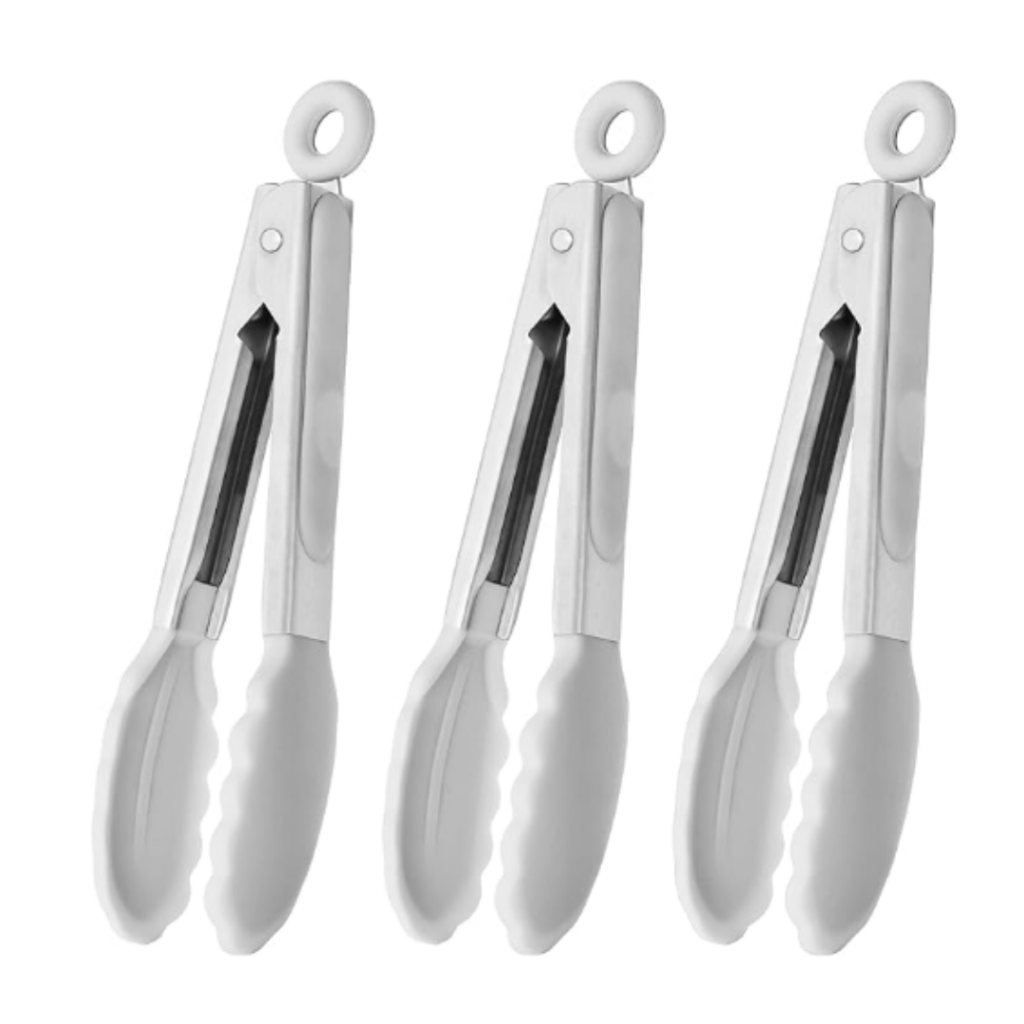 Image of 3 metal tongs with silicone ends as a gift idea for a favorite things party. Link for purchase is included below.