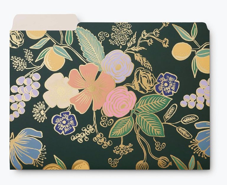 Image of office folders in flower print.