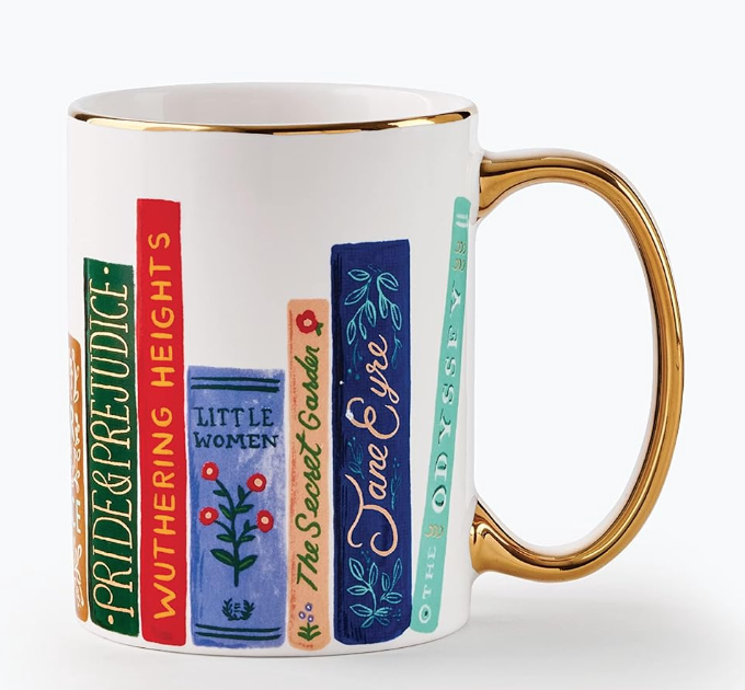 Image of coffee mug with books by Jane Austen and gold handle.