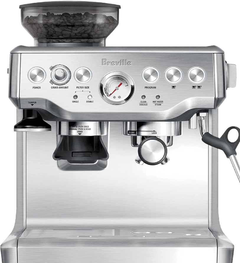 Amazon household essentials. Image of a silver Breville espresso machine.
