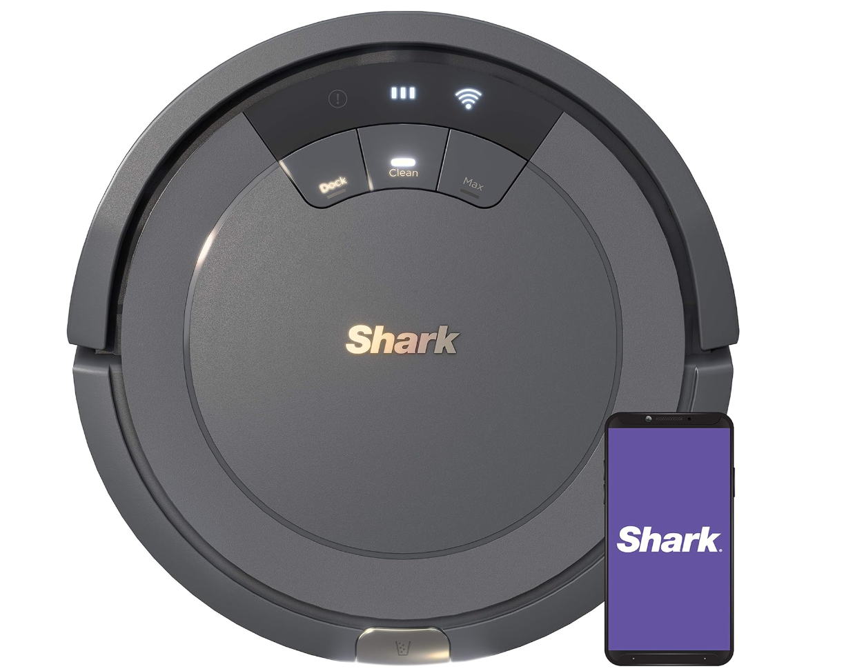 Best household cleaning products. Image of black Shark robot vacuum and iPhone with purple screen that says "Shark".
