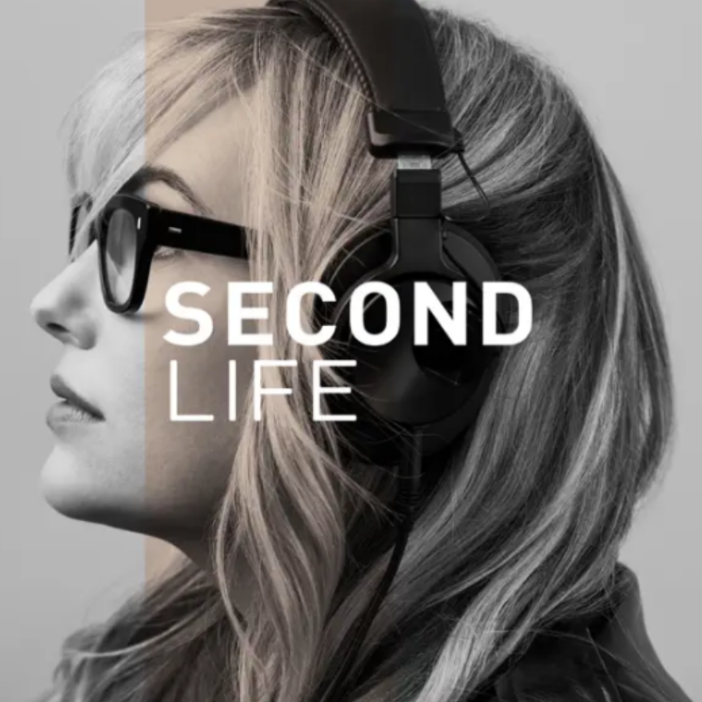 Inspiring podcasts for women. Image of woman with glasses and headphones on looking up and text says "Second Life".