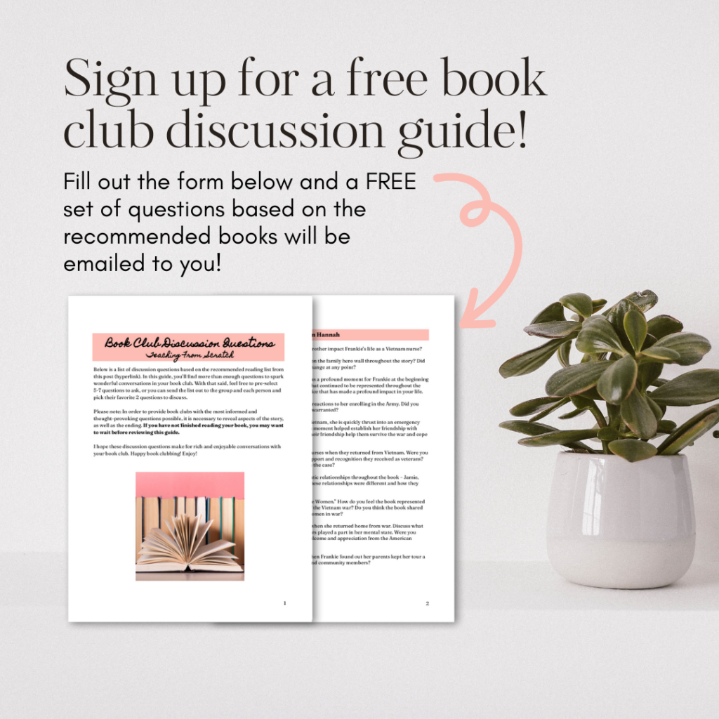 book club discussion guide. Image with text that says "Sign up for a free book club discussion guide! Fill out the form below and a free set of questions based on the recommended books will be emailed to you!" Image has grey back ground, snapshots of first two pages of question guide and a small plant in a grey pot. 