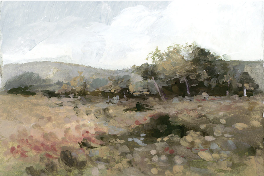 affordable kitchen artwork ideas. Image of art print of a meadow with grass and trees and colors of muted greens, pinks, yellows, greens, and purples.