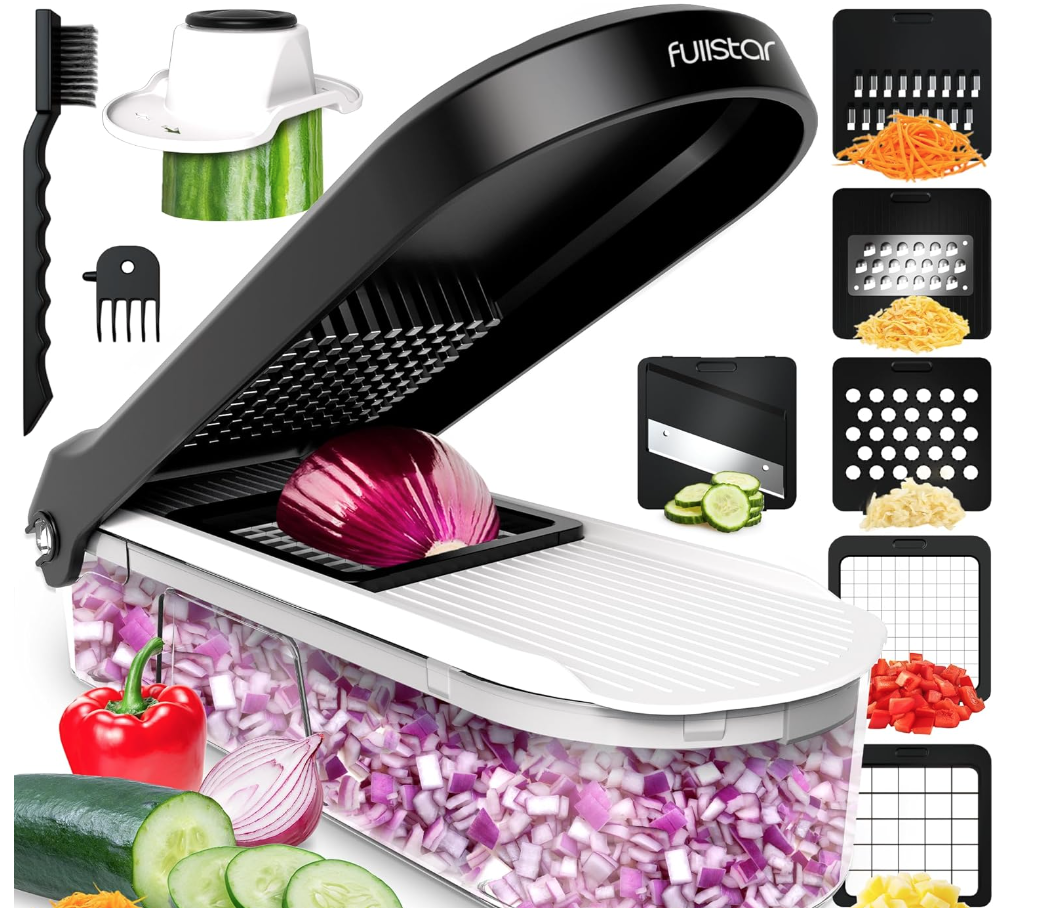 Best household kitchen items. Image of Fullstar veggie chopper with variety of vegetables and cheese.