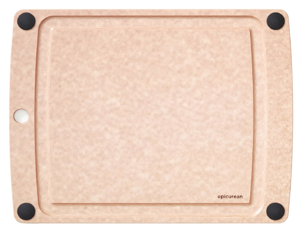 best household kitchen products. I'm of a light brown cutting board with 4 rubber circles in the corners to prevent sliding.