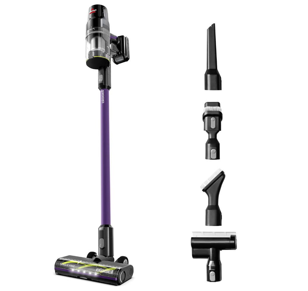 household cleaning tips. Image of purple bissell cordless vacuum.