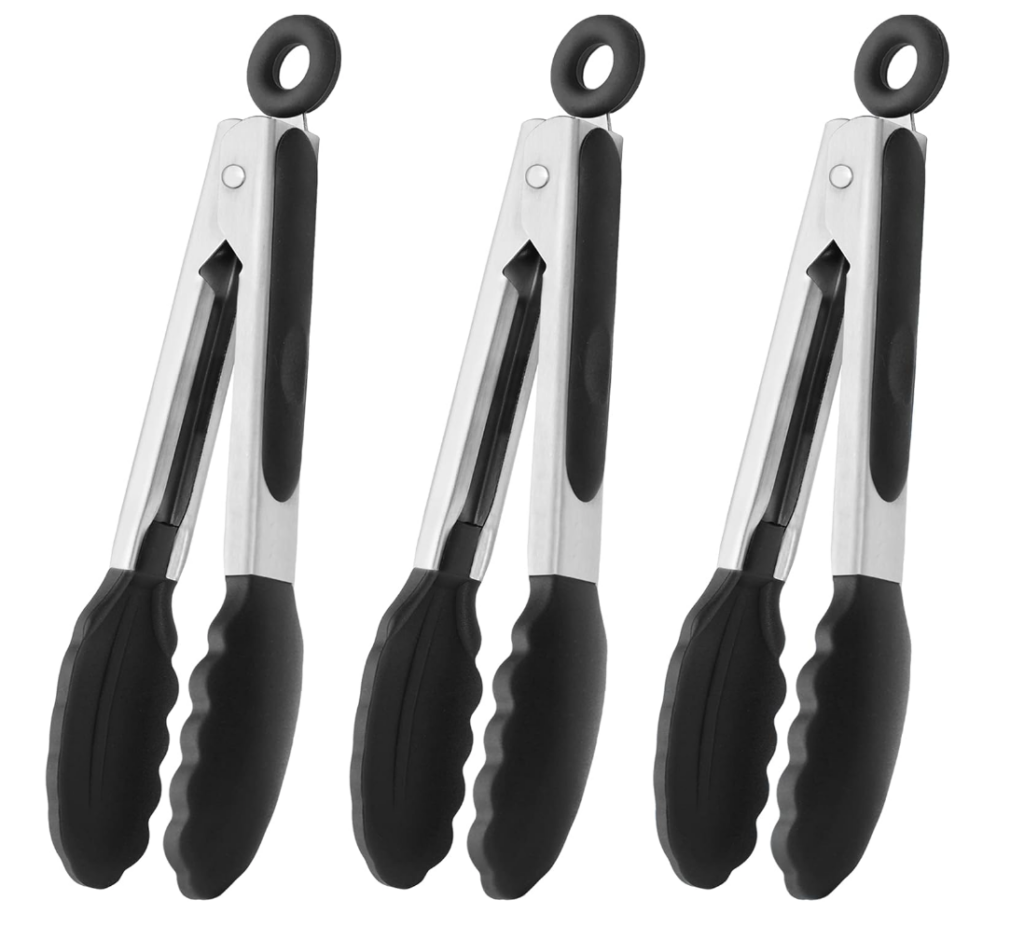 household essentials. Image of 3 tongs with black silicone handle and tips.
