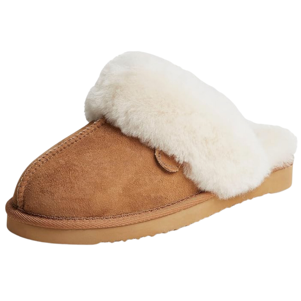 household essentials aesthetic. Image of chestnut colored slippers with sheepskin fur, and rubber sole.