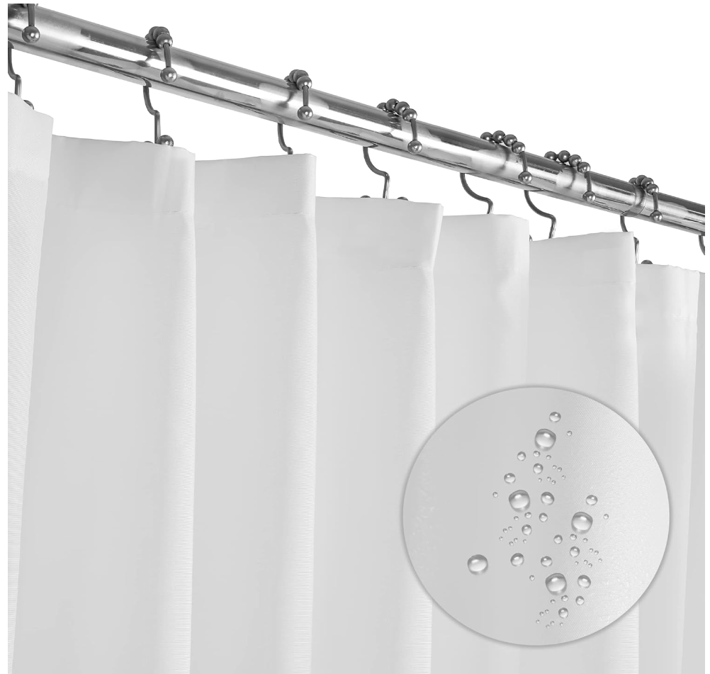 household essentials for new home. Image of white shower curtain liner hanging on curtain rod.
