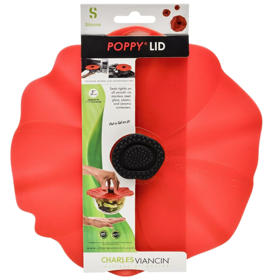 household essentials list home. Image of silicone lid cover that is designed like a red poppy.