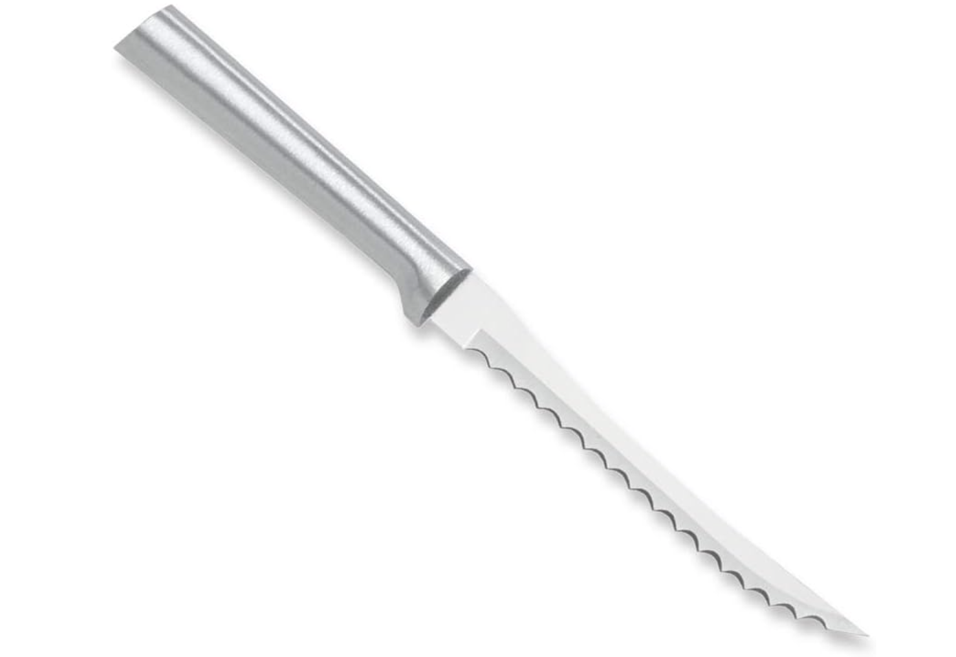 household items. Image of serrated knife with stainless steel blade and aluminum handle.