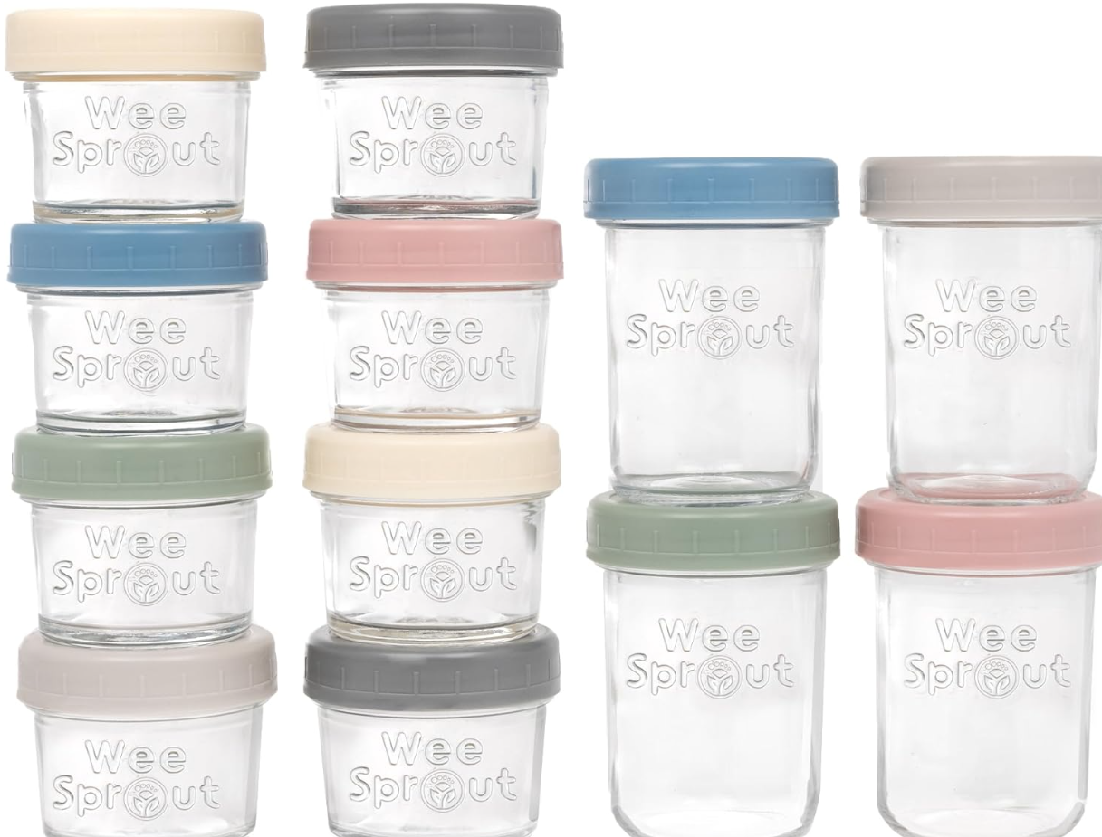 household items organization. Image of 12 glass baby food storage jars of varying sizes with pastel color lids.