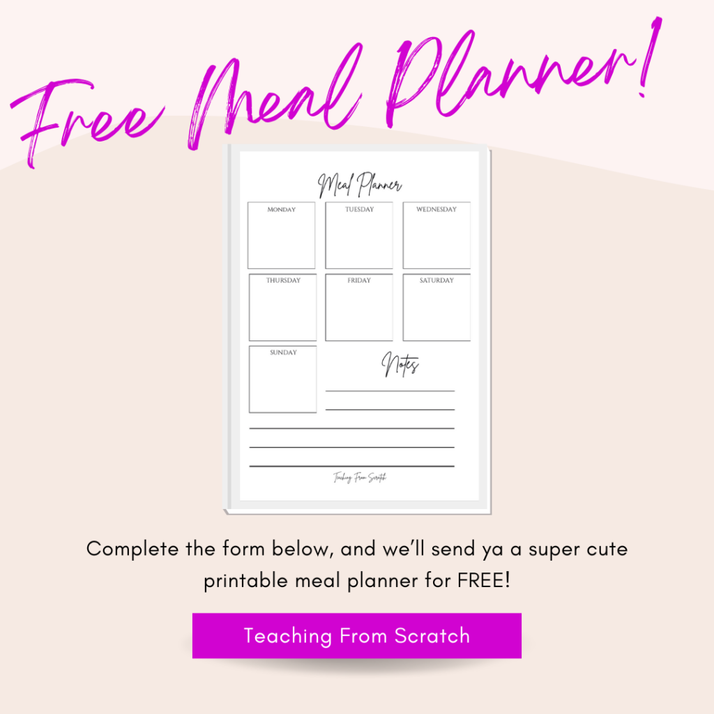 free printable meal planner. Image of meal planner with pink background.