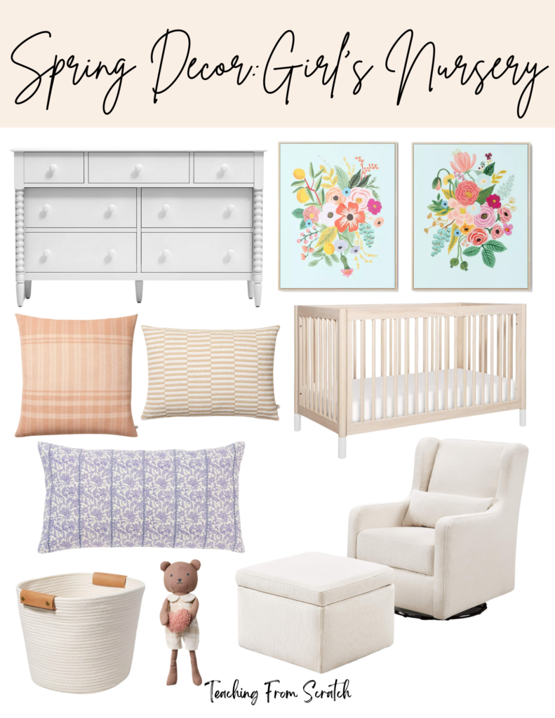 girls nursery ideas. Image of nursery items including: white dresser, two floral prints with blue background, pink and white rabbit pattern throw pillow, stuffed bear holding heart, light wood crib with white mattress, white and pink pattern pillow, white storage bins with leather handles, white glider with ottoman.