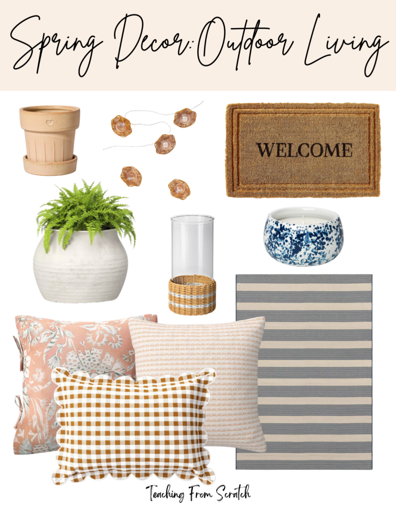 outdoor spring decor. Image of multiple spring decor items including: pot for plants with heart, string lights with rattan lantern, embossed welcome mat, grey clay pot with fern, glass candle holder with tan and white striped wicker cover at bottom, blue and white speckled candle, pink and blue floral throw pillow, pink and white scalloped pattern throw pillow, brown gingham lumbar pillow with scalloped edge, blue and white striped rug.
