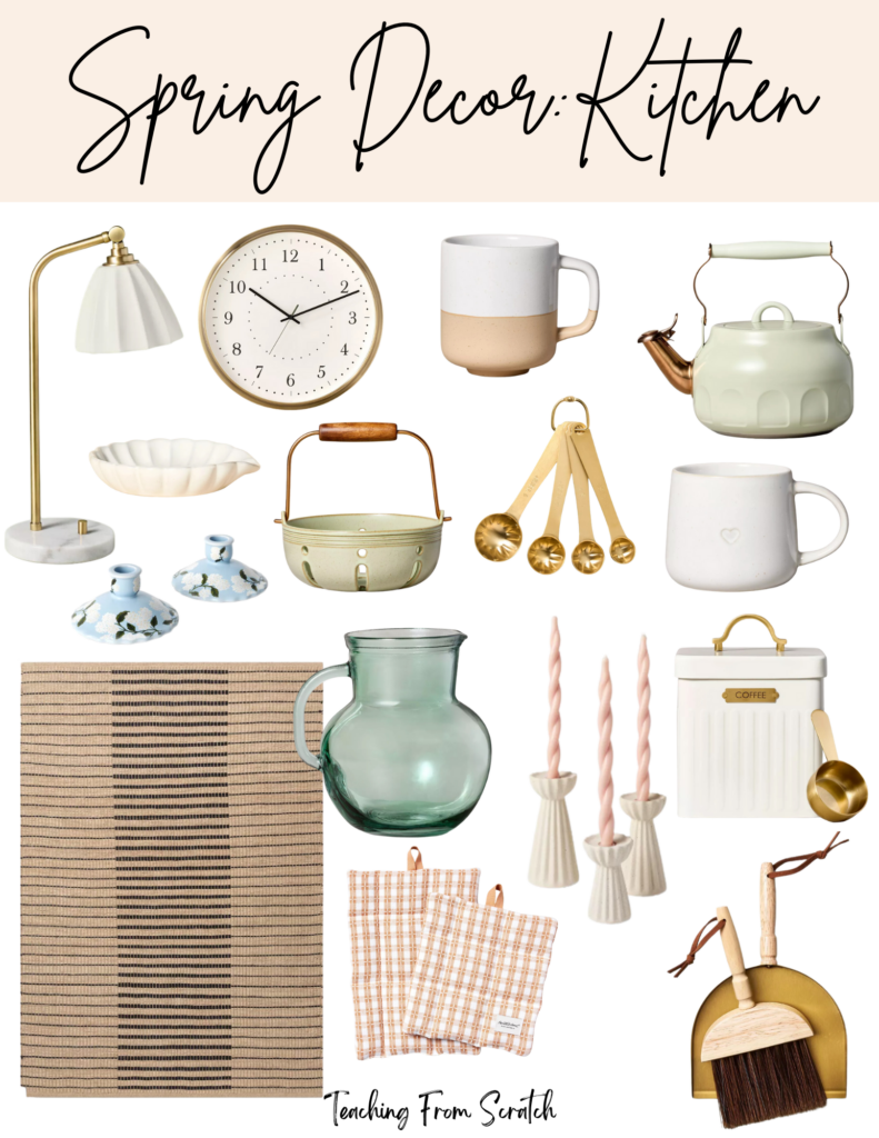 spring decor ideas. Image of multiple spring decor items including: marble scalloped brass table lamp, brass analog clock, scalloped spoon rest, white and clay ceramic mug, green tea kettle, blue and white flower pattern candle holders, ceramic green colander with wooden handle, gold measuring spoons. white mug with heart, tan and navy blue rug, green glass pitcher, white ceramic scalloped detail with pink twisted candles, white coffee tin, pink plaid pot holder, mini brass dust pan and broom with wooden handle.