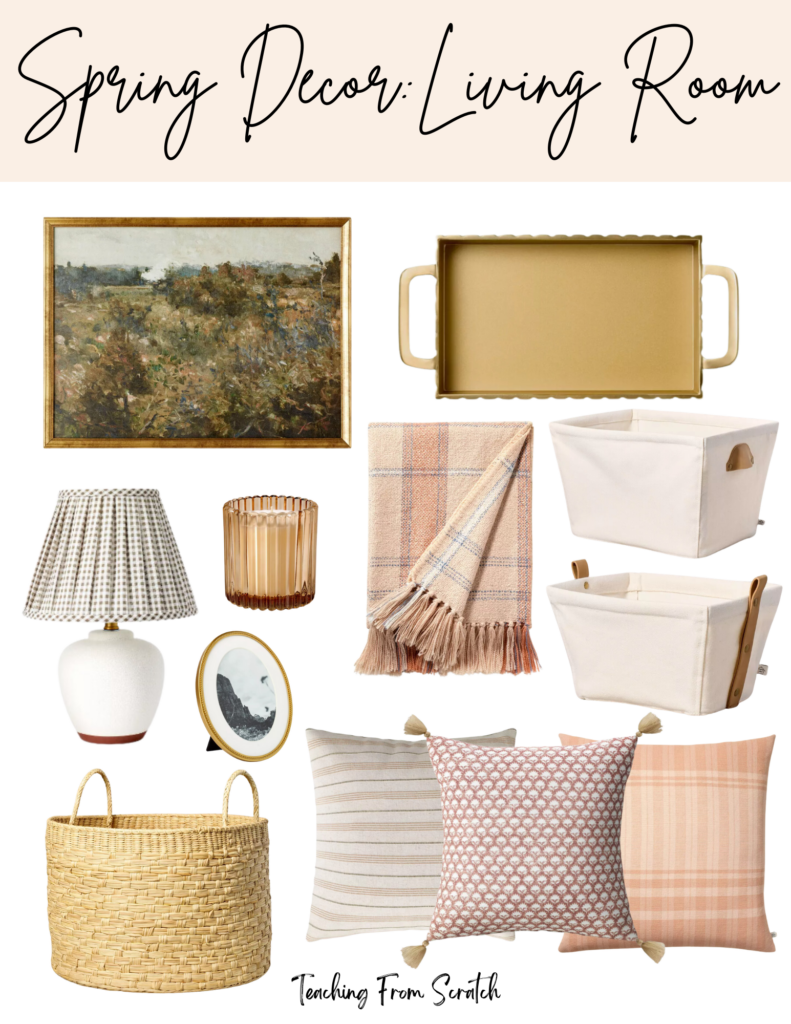 spring home decor ideas. Image of multiple spring decor items including: painting of flower field, bras scalloped tray, white ceramic lamp with gingham shade, amber scalloped candle, gold picture frame, pink plaid throw blanket, 2 white canvas storage bin with leather handle, tan woven basket, pink striped throw pillow, pink pattern throw pillow, pink plaid throw pillow.