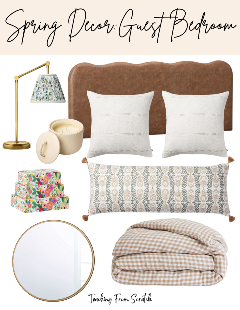 Image of multiple home decor items including: brass table lamp with floral shade, scalloped leather headboard, white oversize throw pillows, cream candle with twisted rope edge, set of 3 storage boxes with floral pattern, navy and pink pattern lumbar pillow, circle mirror with brass border, brown gingham duvet cover.