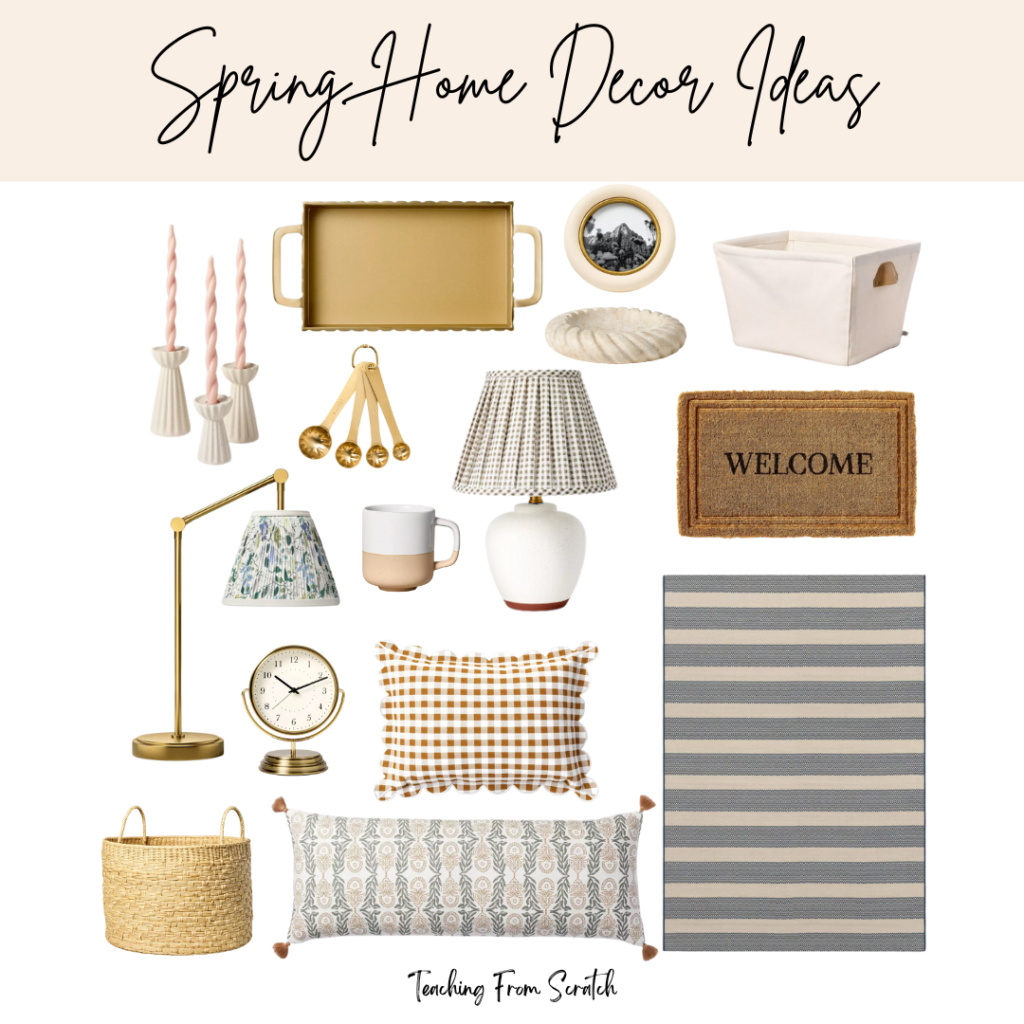 spring home inspiration. Image of multiple spring home decor items including: brass small hand broom and dust pan, pink twist candles in white ribbed candle holder, brass scalloped tray, circular white picture frame, white twisted trinket holder, white canvas storage bin, embossed welcome mat, striped outdoor rug, white lamp with plaid shade, brass measuring spoons, white and pink ceramic mug, brass lamp with floral shade, flower candle holders, blue speckled candle, basket, brass small clock, gingham print pillow, blue and pink pattern pillow.