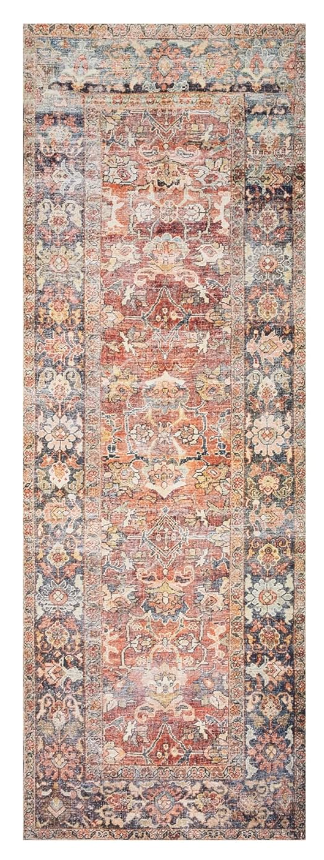 affordable rug options living room. Image of hallway runner rug with vintage-inspired pattern in blacks, blues, yellows, oranges, pinks, and purples.