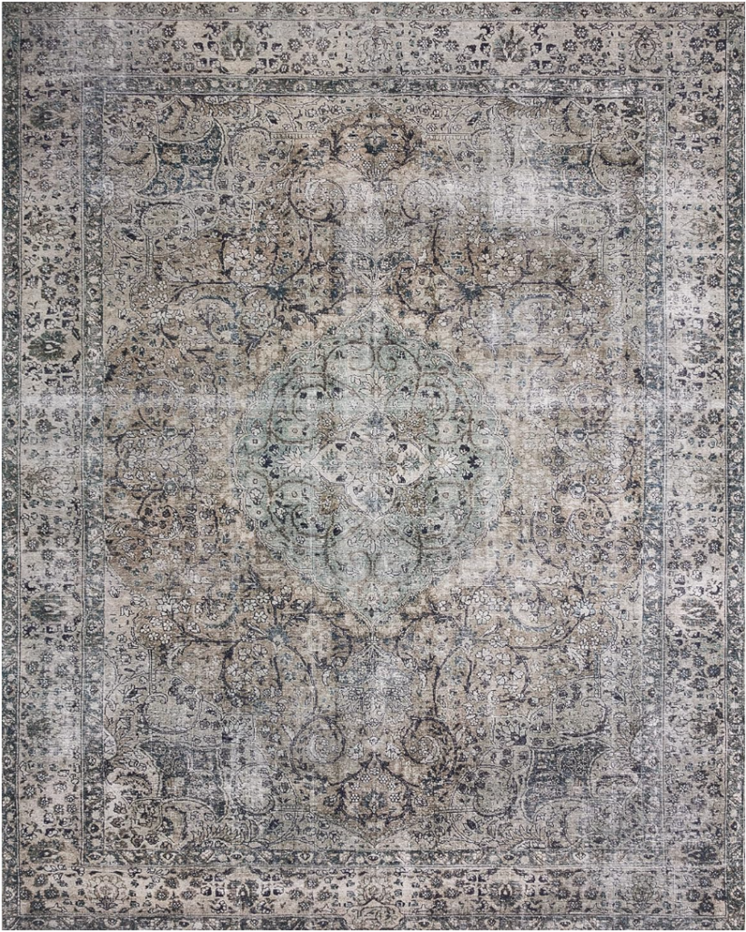 affordable rugs for any budge. Image of vintage blue, green, grey, lavender, and yellow rug.