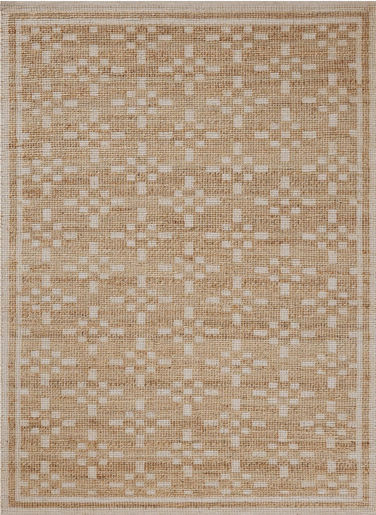 affordable rugs for dining room. Image of tan jute rug with cream graphic design.
