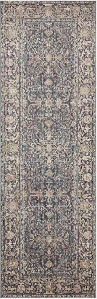 affordable hallway runner rugs. Image of traditional pattern with blacks, blues pinks, and greens.