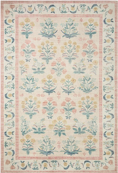 affordable rugs wayfair. Image of rug with floral pattern in pink, white, yellow, and blue.