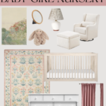 baby girl nursery tour. Image with text that says "sweet and cozy cottage inspired baby girl nursery" and images of: vintage floral landscape, gold picture frame, brown stuffed bunny, lamp with gingham shade, white glider, floral rug, light wood crib, white storage bin, white dresser, and pink curtains.