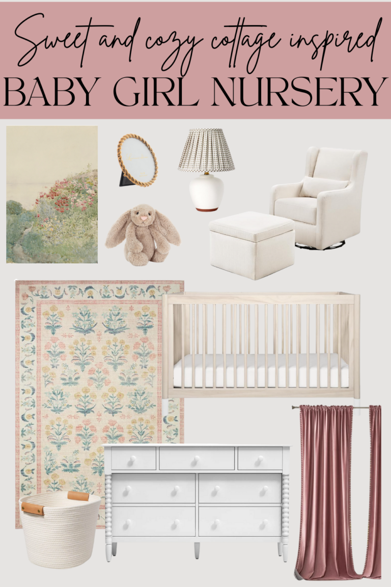 baby girl nursery tour. Image with text that says "sweet and cozy cottage inspired baby girl nursery" and images of: vintage floral landscape, gold picture frame, brown stuffed bunny, lamp with gingham shade, white glider, floral rug, light wood crib, white storage bin, white dresser, and pink curtains.