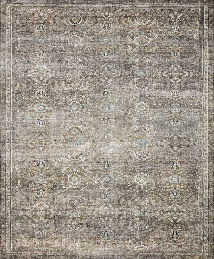 beautiful affordable rugs. Image of vintage pattern area rug with forest greens, creams, blues, blacks, and yellows.