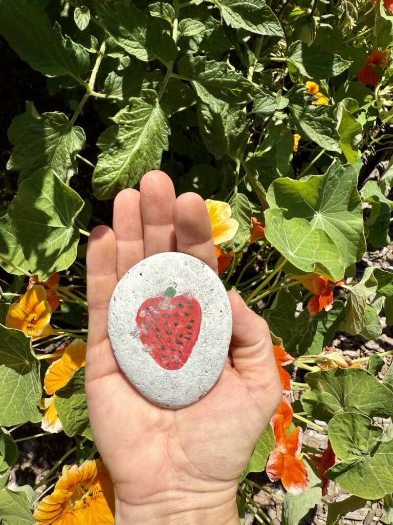 easy art projects for kids. Image of hand holding a rock with a strawberry painted on it with the garden in the background.