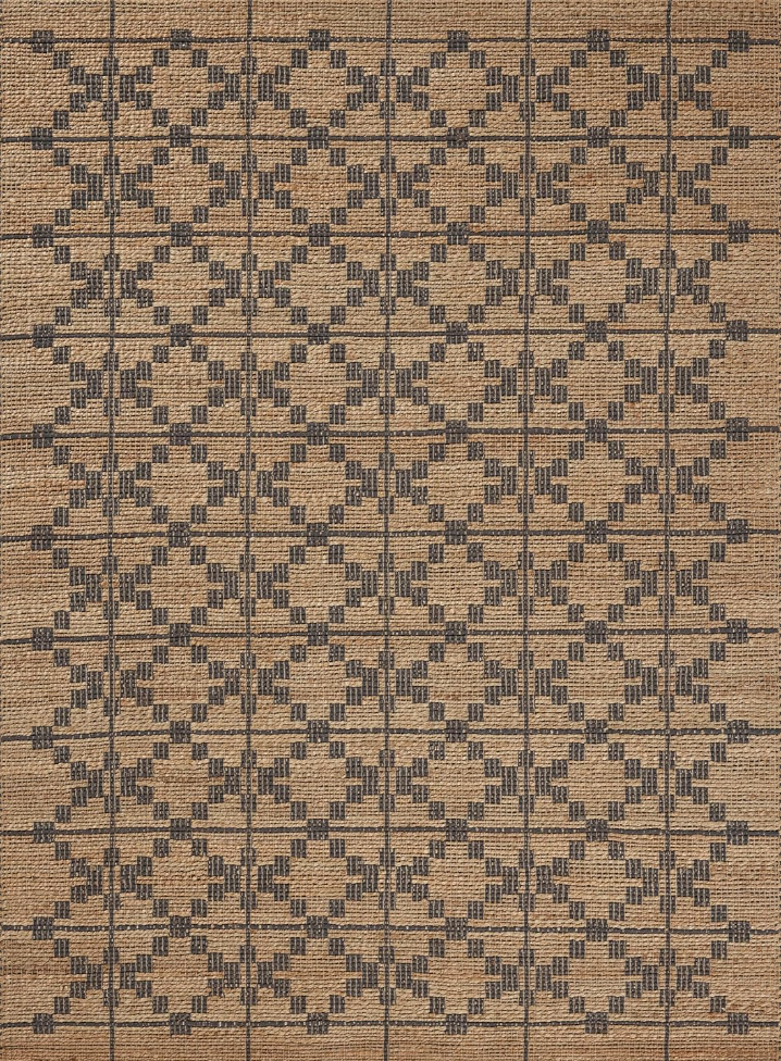 kitchen rug ideas. Image of jute rug with graphic design in navy blue.