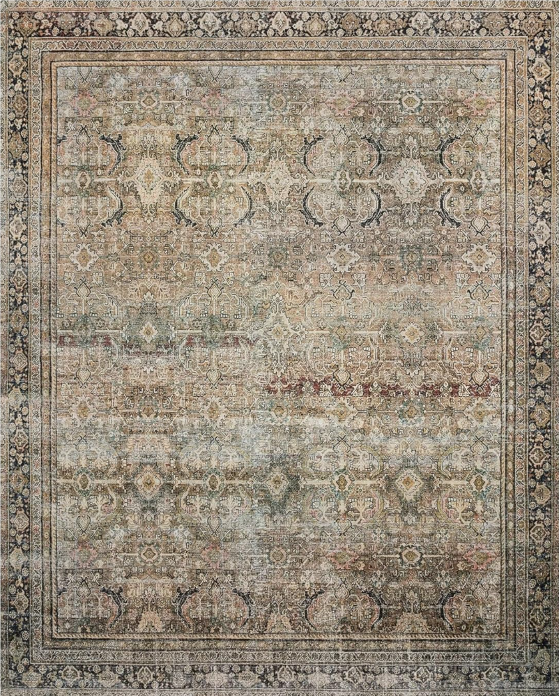 affordable rug ideas for office. Image of vintage rug with blacks, pinks, oranges, and greens.