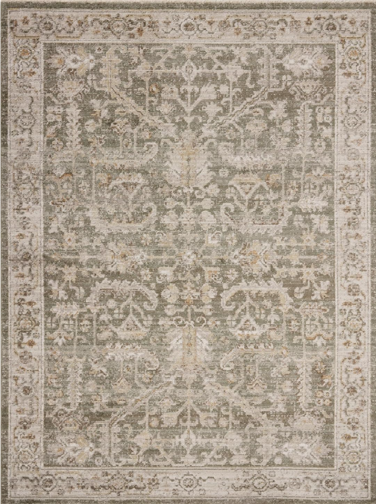 rugs for dining room table. Vintage pattern rugs with greens, creams, browns, and yellows.