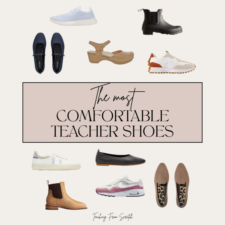 comfortable teacher shoes. Image of pin graphic with a variety of shoes (flats, boots, sandals, and sneakers) and font that says "The most comfortable teacher shoes"