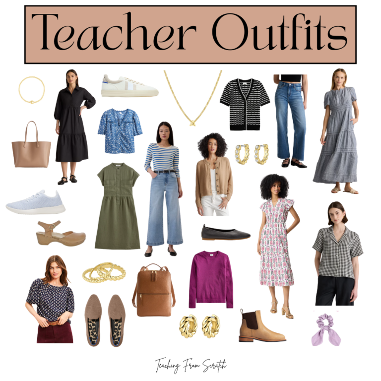 cute teacher outfits. Image that says "Teacher Outfits" and has images of a variety of the teacher outfit items, shoes, and accessories featured in this post.