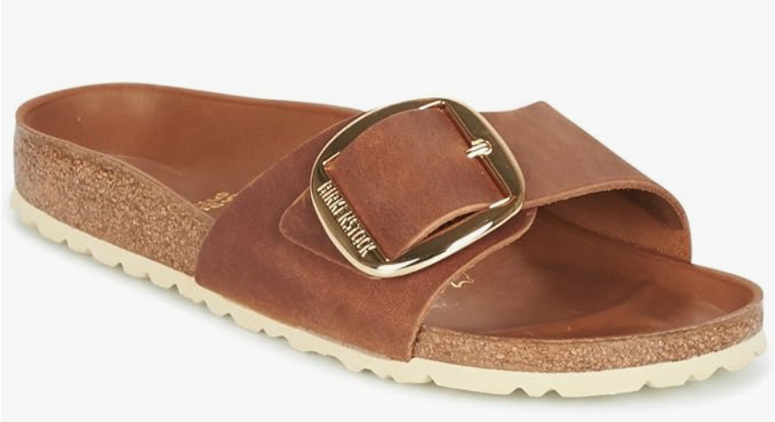 cute teacher shoes. Image of single gold buckle slide-on birkenstock.