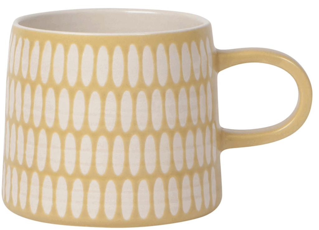 favorite mugs. Image of yellow mug with white dashes.