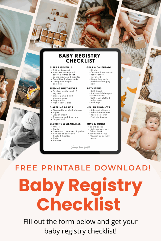 Image that says "Free printable download! Baby registry checklist. Fill out the form below and get your baby registry checklist!". Images of babies and a preview of baby registry checklist.