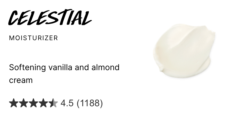 Image of advertisement for celestial moisturizer with description "softening vanilla and almost cream" with dab of white lotion. 