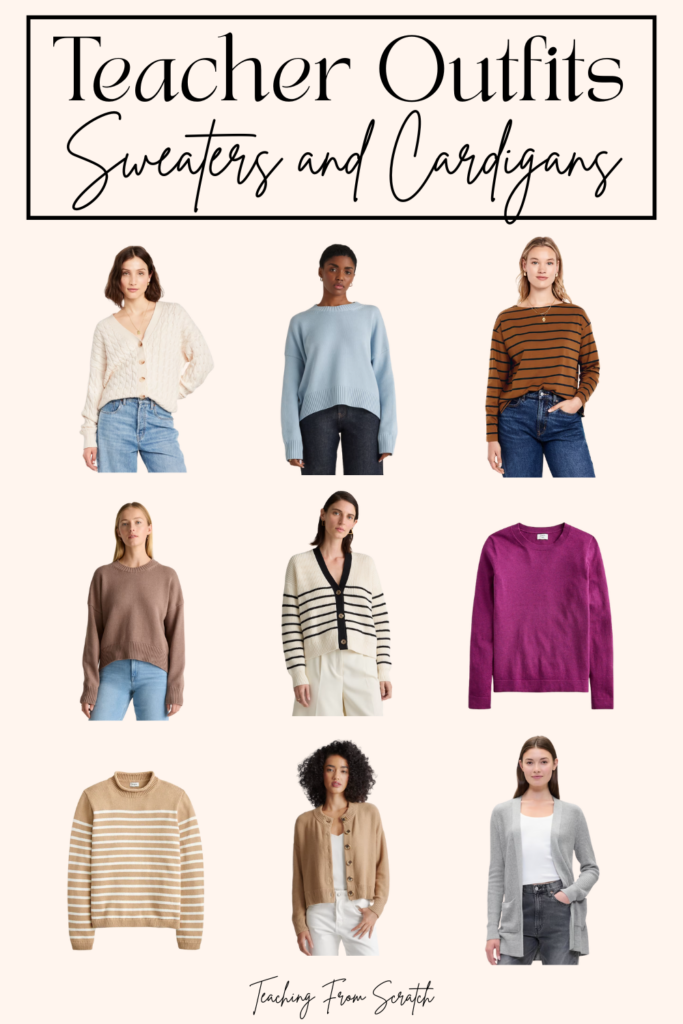 Image that says "teacher outfits: Sweaters and cardigans". Image of 9 different cardigans and sweaters with links below the image.