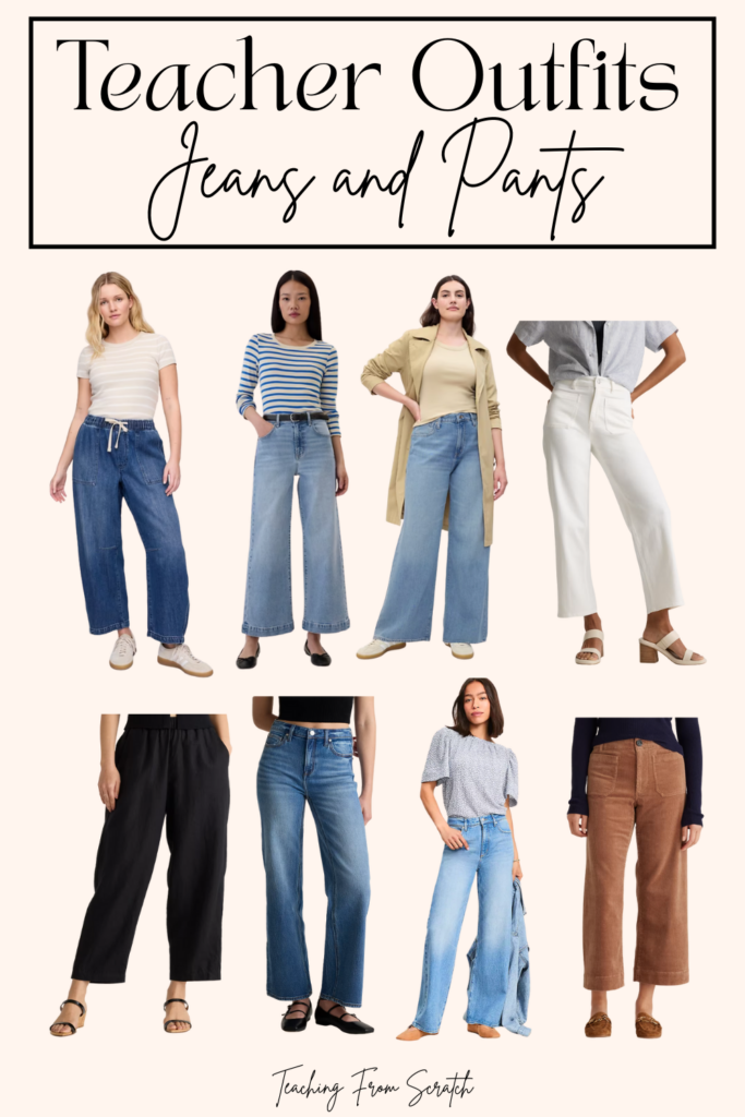 outfits for teaching. Image that has 9 different pictures of jeans and pants and links are provided below image for purchase.
