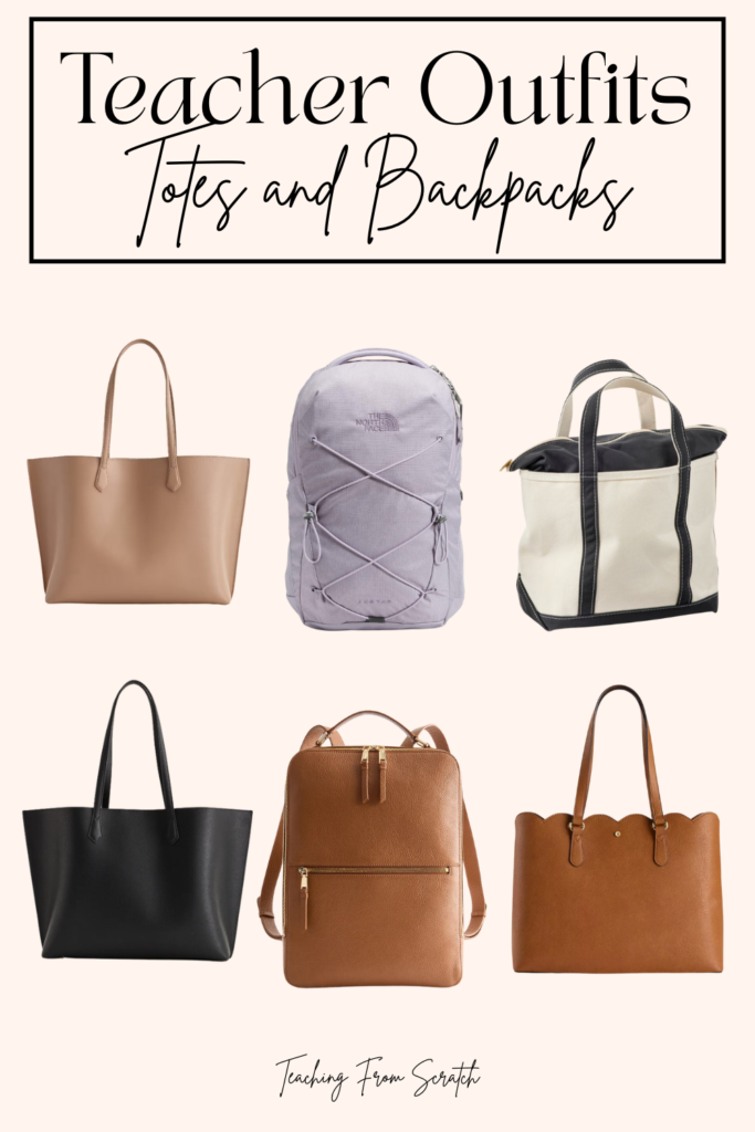outfits for teaching casual. Image of 6 different backpacks and tote bags. Links provided below picture for purchase.