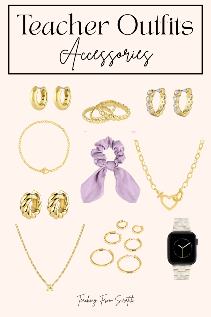 teacher outfits comfy. Image of 10 different earrings, necklaces, rings, purple scrunchies, and apple watch band (all gold) LInks below the image for purchase.