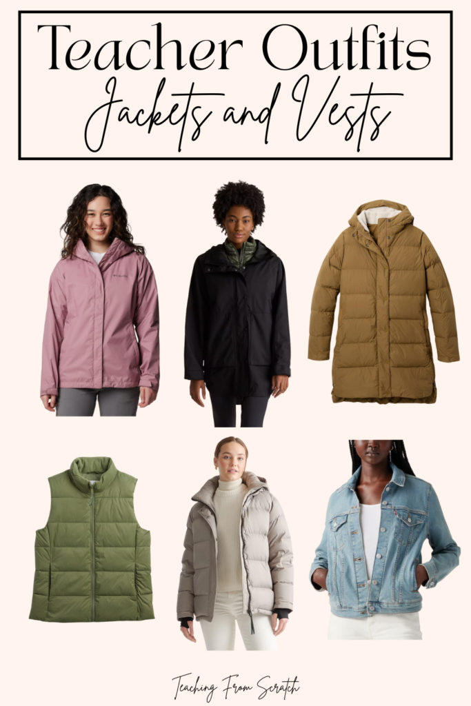 teacher outfits inspo. Image of 6 jackets, vests, and coats with links below for purchase.