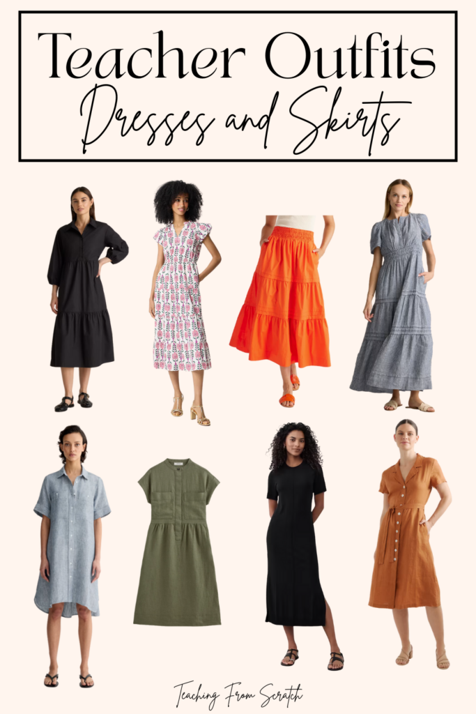teacher outfits inspo. Image of 8 different women in a variety of dresses and skirts. Link provided below for purchase.
